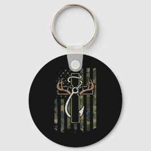 Hunting Fishing Faith Deer Antlers Cross Hook Chri Keychain