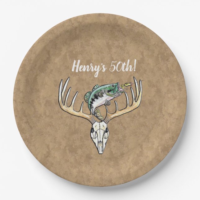 Hunting Fishing Happy 50th Birthday Party Paper Plate (Front)