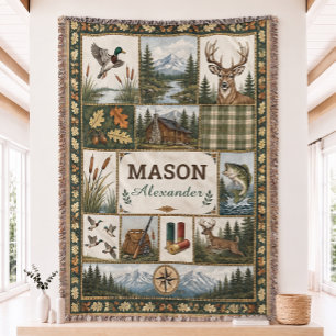 Hunting Fishing Quilt Woven Throw Blanket