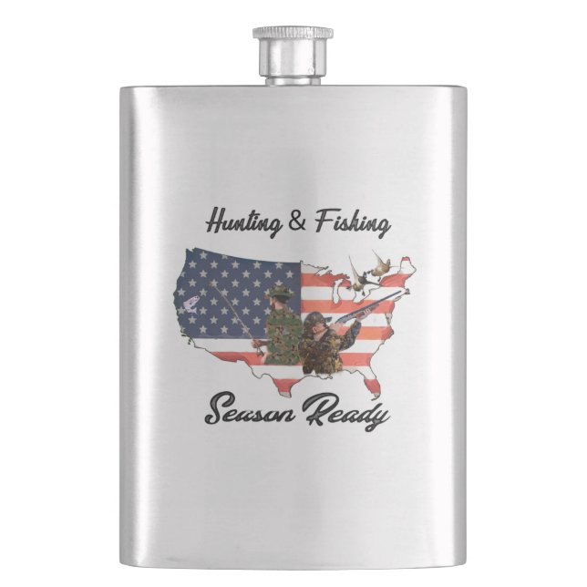Hunting & Fishing  T-Shirt Trucker Hat Button Tape Hip Flask (Front)
