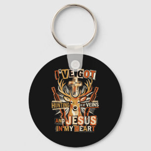 Hunting In My Veins Jesus In Heart Christian Deer Keychain