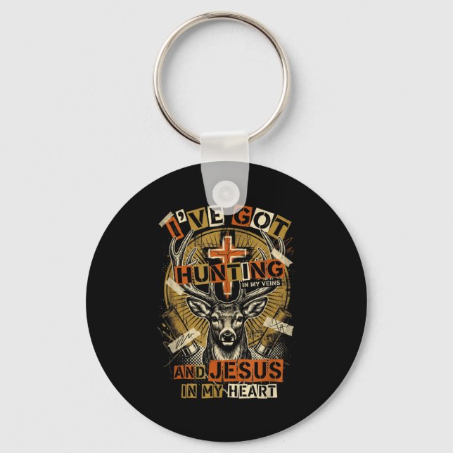 Hunting In My Veins Jesus In Heart Christian Deer  Keychain (Front)