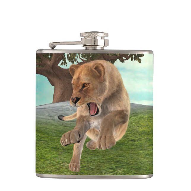 Hunting Lioness Hip Flask (Front)