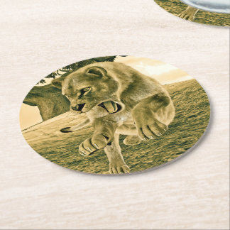 Hunting Lioness Round Paper Coaster
