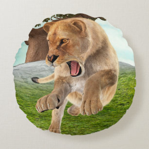 Hunting Lioness Round Pillow