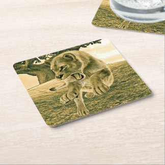 Hunting Lioness Square Paper Coaster