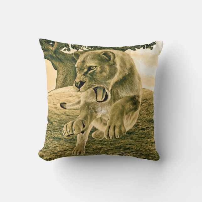 Hunting Lioness Throw Pillow (Front)
