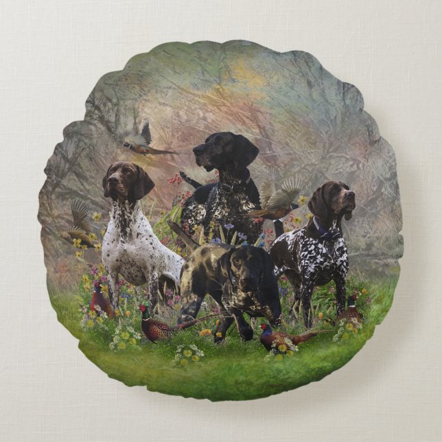 Hunting pheasant  with GSP Round Pillow (Front)