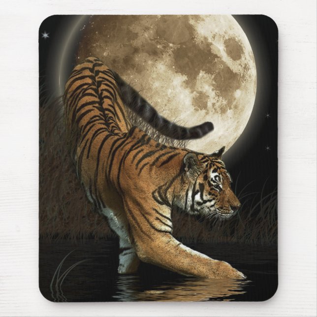 Hunting Tiger & Full Moon Wildlife Art Mouse Pad (Front)