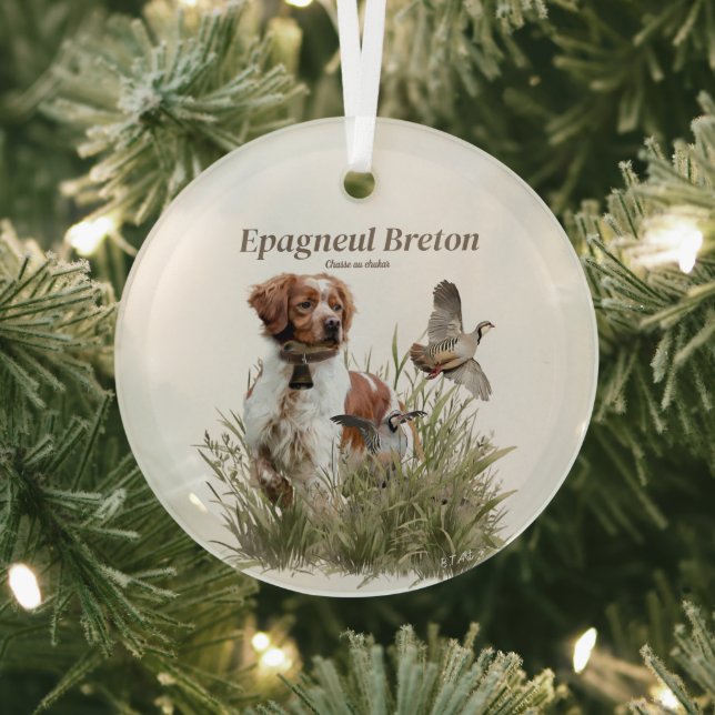 Hunting with a Brittany dog, Art  Glass Ornament (Insitu)