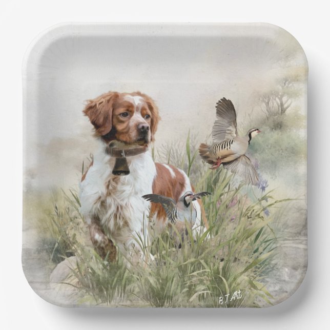 Hunting with a Brittany dog, Art  Paper Plate (Front)