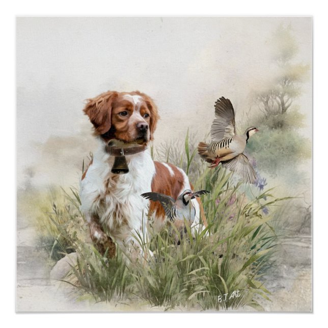 Hunting with a Brittany dog, Art  Poster (Front)