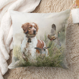 Hunting with a Brittany dog, Art  Throw Pillow