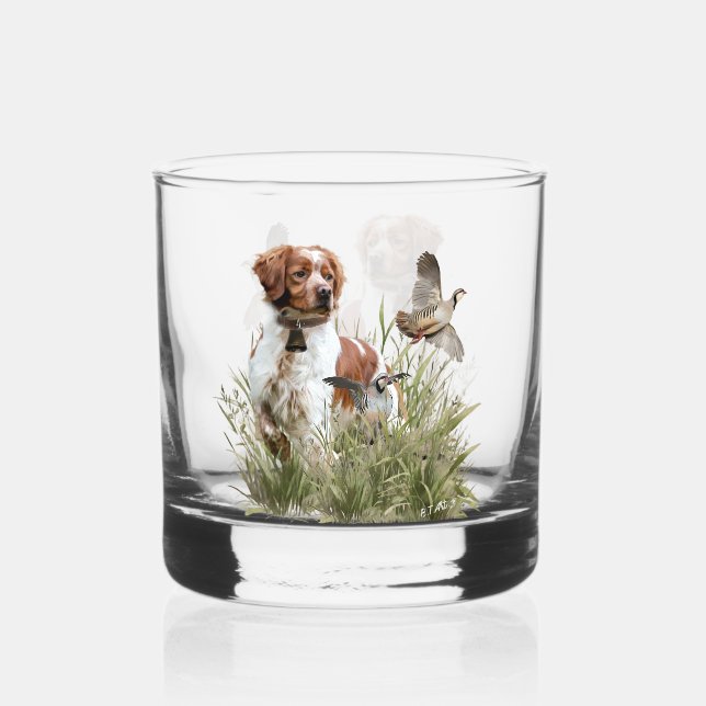 Hunting with a Brittany dog, Art  Whiskey Glass (Front)