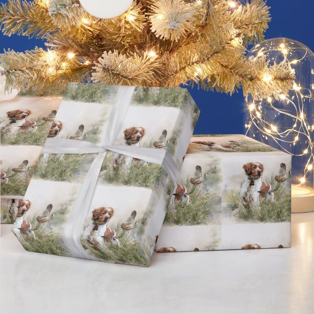 Hunting with a Brittany dog, Art  Wrapping Paper (Holidays)