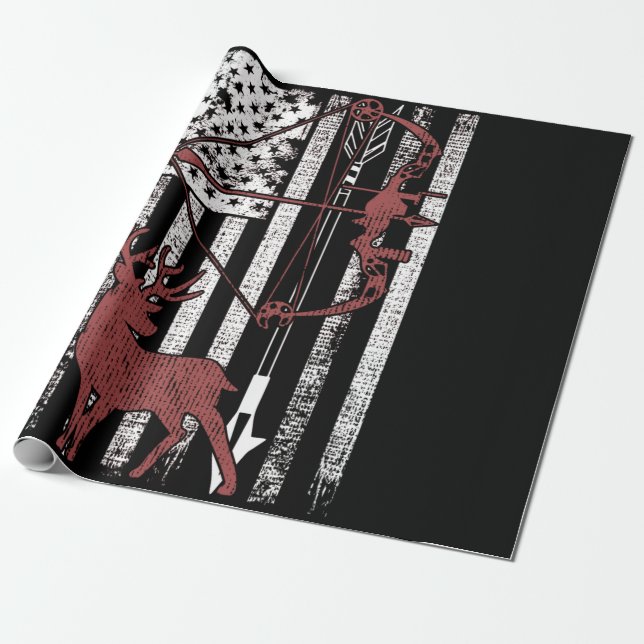 Hunting with American Flag Bow Hunting Wrapping Paper (Unrolled)