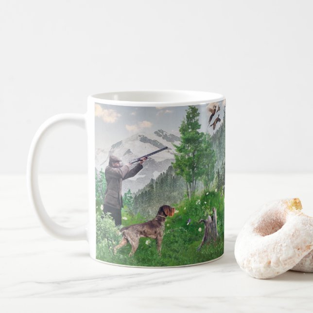 Hunting with German Wirehaired Pointer  Tapestry P Coffee Mug (With Donut)