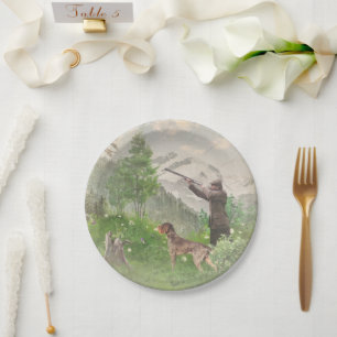 Hunting with German Wirehaired Pointer Tapestry P Paper Plate