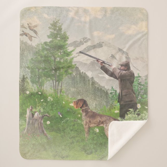 Hunting with German Wirehaired Pointer  Tapestry P Sherpa Blanket (Front)