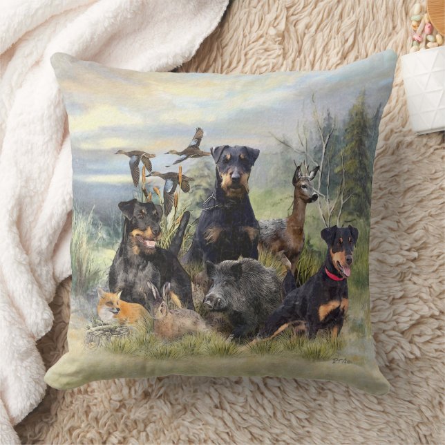 Hunting with Jagdterriers , Art  Throw Pillow (Blanket)
