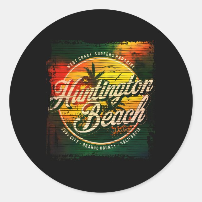 Huntington Beach Aged Watercolor Classic Round Sticker (Front)