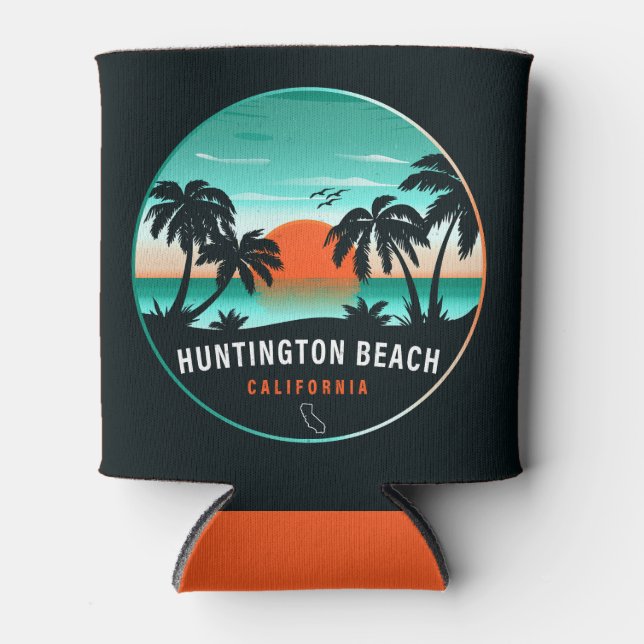 Huntington Beach California Retro Sunset Souvenirs Can Cooler (Front)