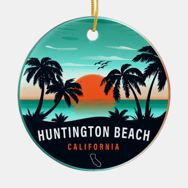 Huntington Beach California Retro Sunset Souvenirs Ceramic Ornament (Front)