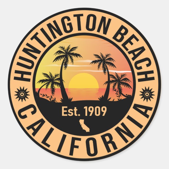 Huntington Beach California Retro Sunset Souvenirs Classic Round Sticker (Front)