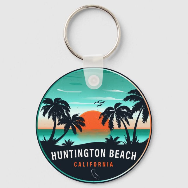 Huntington Beach California Retro Sunset Souvenirs Keychain (Front)