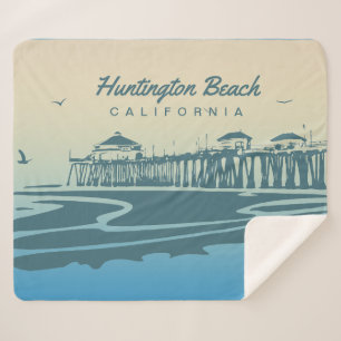 Huntington Beach Pier, CA - Custom Illustration Sherpa Blanket