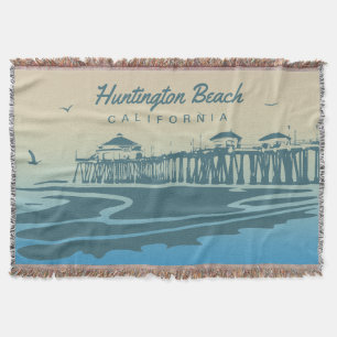 Huntington Beach Pier, CA - Custom Illustration Throw Blanket