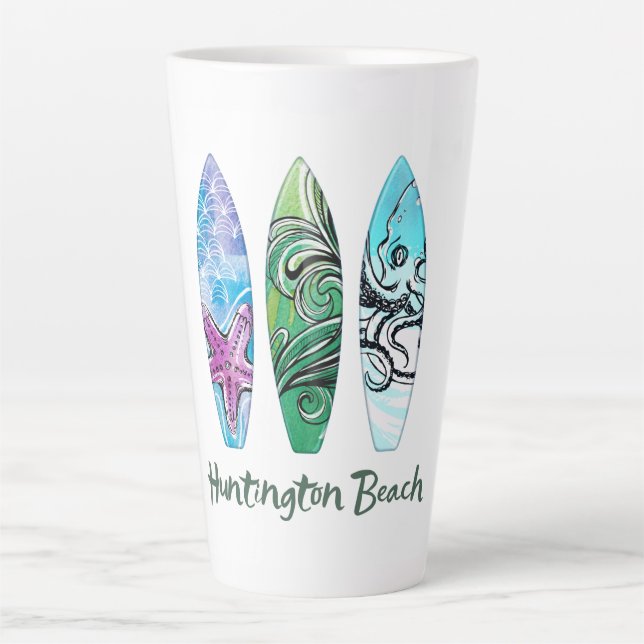 Huntington Beach Watercolor Surfboards Latte Mug (Front)