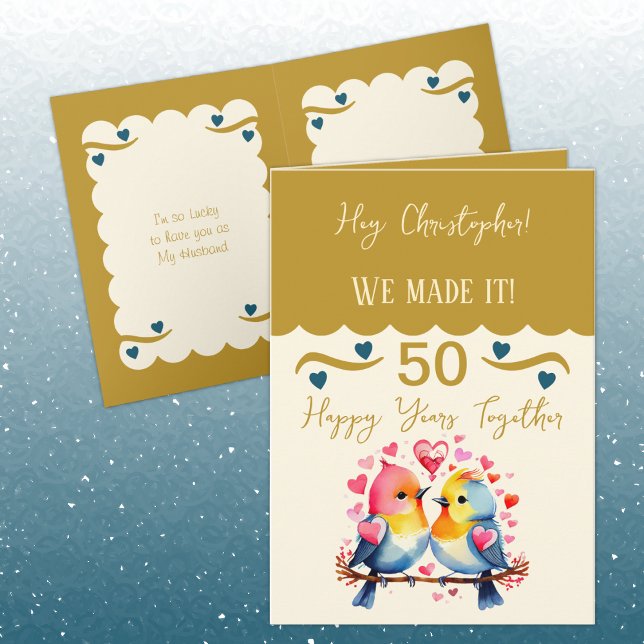 Husband 50th anniversary birds gold blue card (Creator Uploaded)