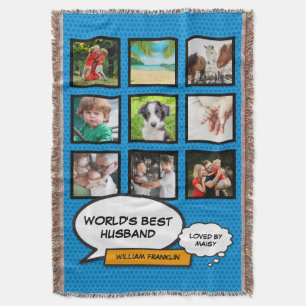Husband 9 Photo Collage Comic Book Fun Blue Throw Blanket