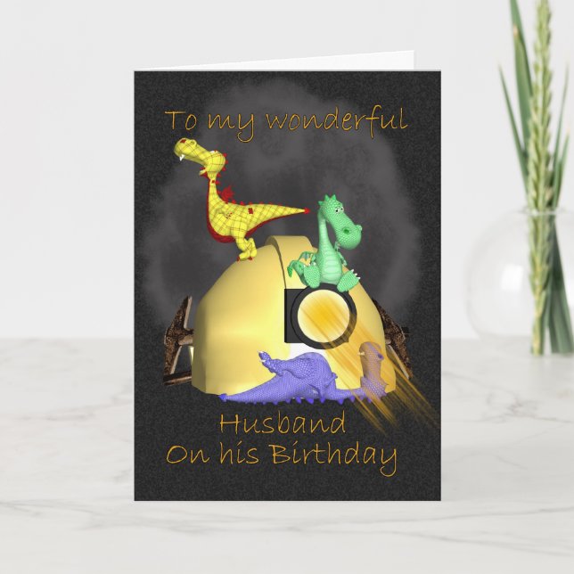 Husband Birthday Card - Coal Miner Dragons (Front)