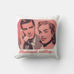 Husband Calling Retro Phone Illustration Funny Throw Pillow