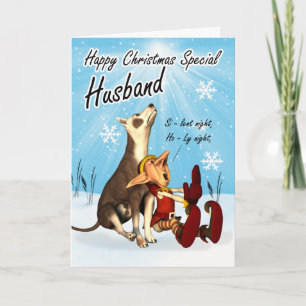 Husband Christmas card cute, singing dog and elf