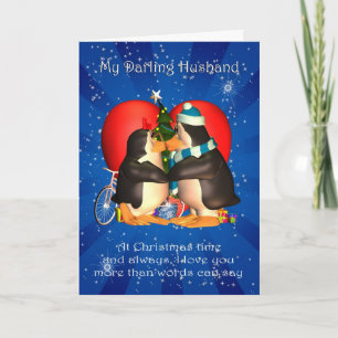 Husband Christmas Card With Kissing Penguins Heart