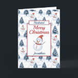 Husband Christmas Snowman Holiday Card<br><div class="desc">A lovely Husband Christmas card. Design pattern features cute snowmen wearing red santa hats and scarfs and blue snow covered fir trees all on a snowy background. All text can be amended as needed to customize then personalize with a name and inside message. A lovely card for a husband, brother,...</div>