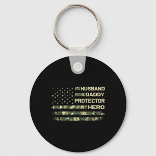 Husband Daddy Protector Hero Camo American Flag Fa Keychain