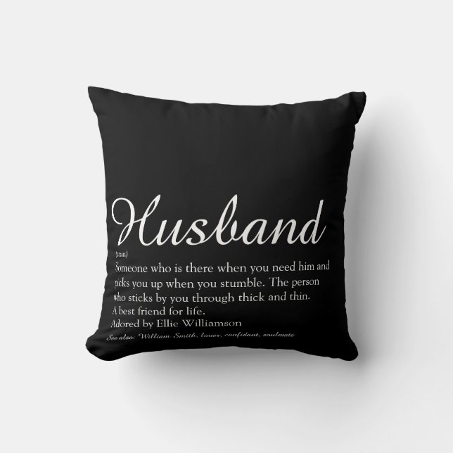 Husband Definition Script Modern Black and White Throw Pillow (Front)
