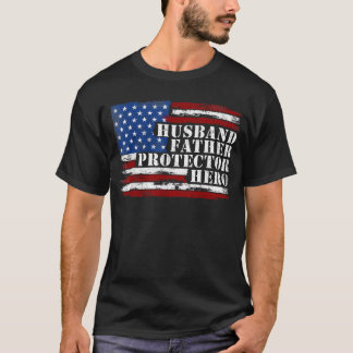 Husband Father Protector Hero Retro Usa Flag T-Shirt