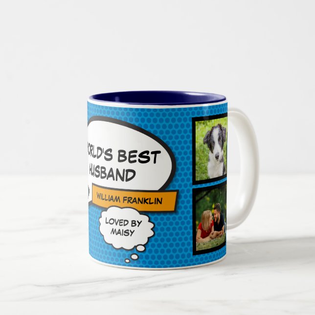 Husband Fun Cool Comic Photo Collage Blue Two-Tone Coffee Mug (Front Right)