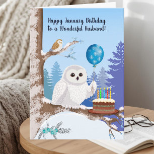 Husband Happy January Birthday Snowy Owl Card