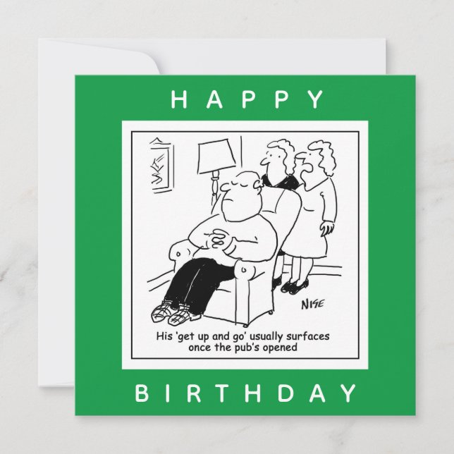 Husband Has Get Up & Go When Pub Opens Cartoon Card (Front)