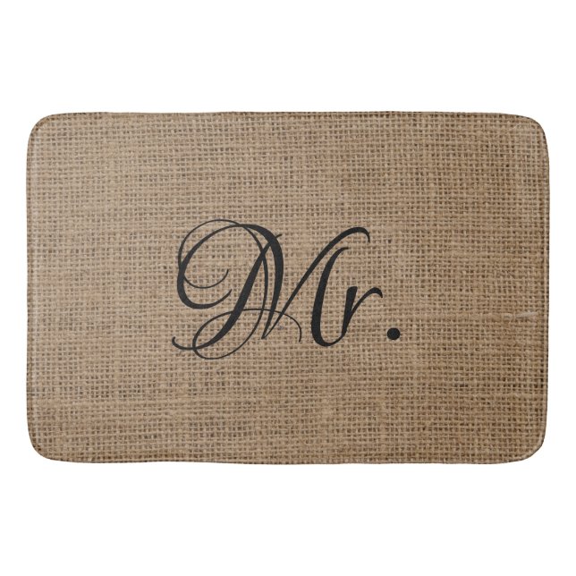 Husband His and Hers Mr and Mrs Bride Groom Burlap Bath Mat (Front)