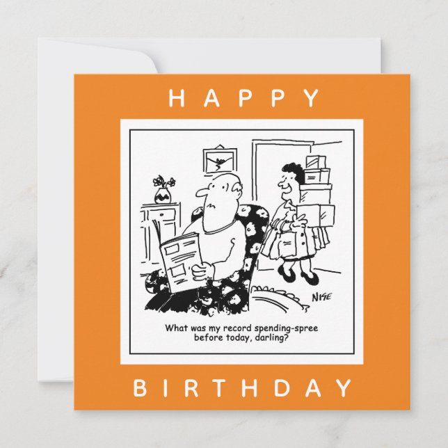 Husband in Shock at Wife's Spending Spree Cartoon Card (Front)