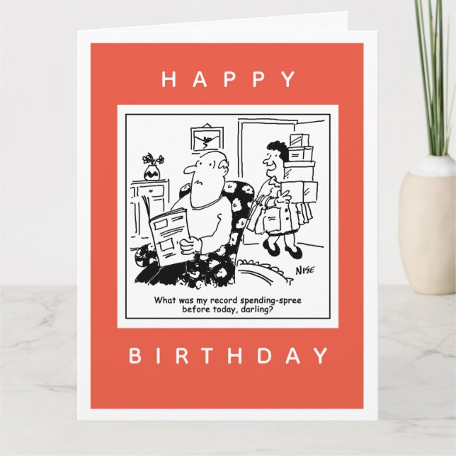 Husband in Shock at Wife's Spending Spree Cartoon Card (Front)