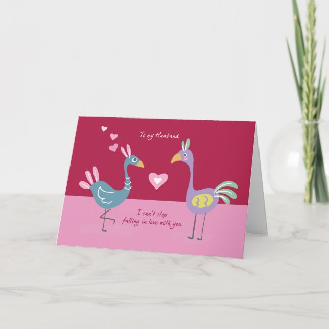 Husband Pink Valentine With Cute Whimsical Birds Card (Front)