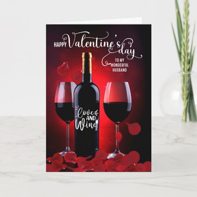 Husband Romantic Rose Petals Wine Valentine's Day Holiday Card (Front)